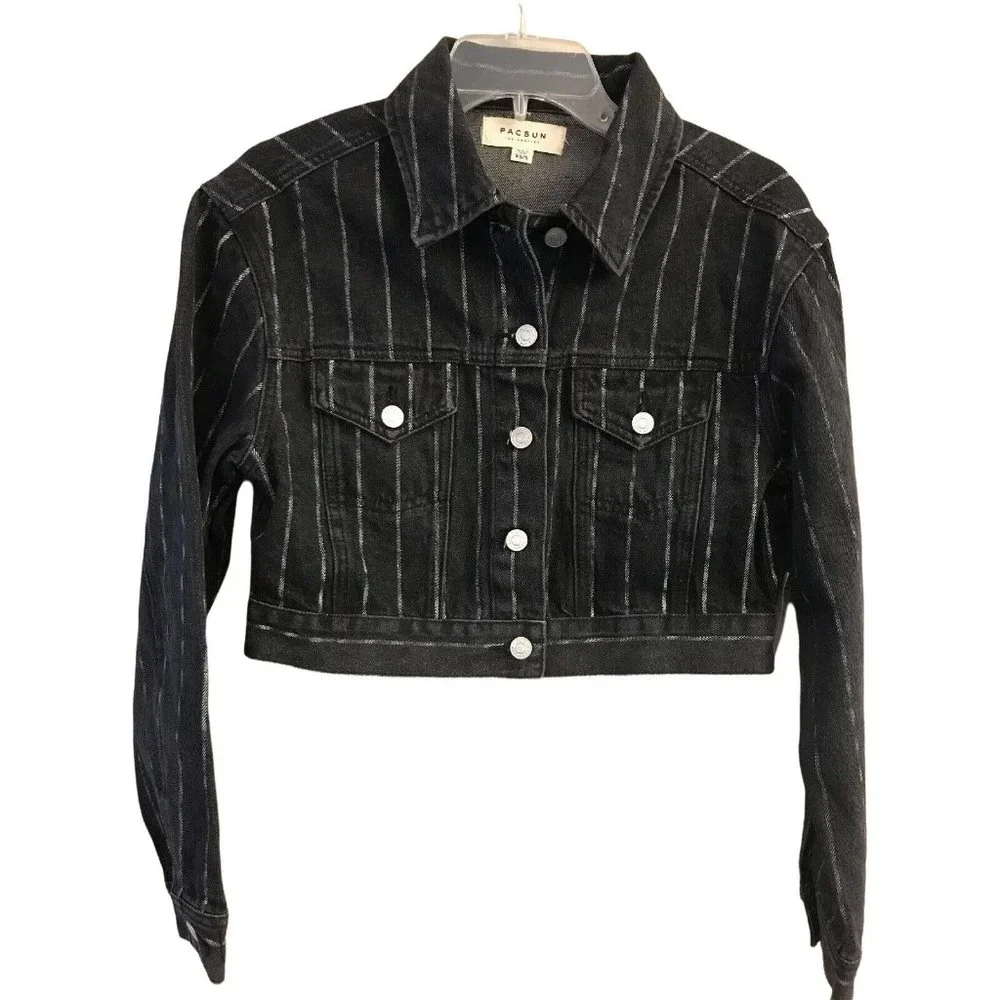 NWT PACSUN Women's Denim Jacket XS/S Black Stripe - Picture 1 of 4